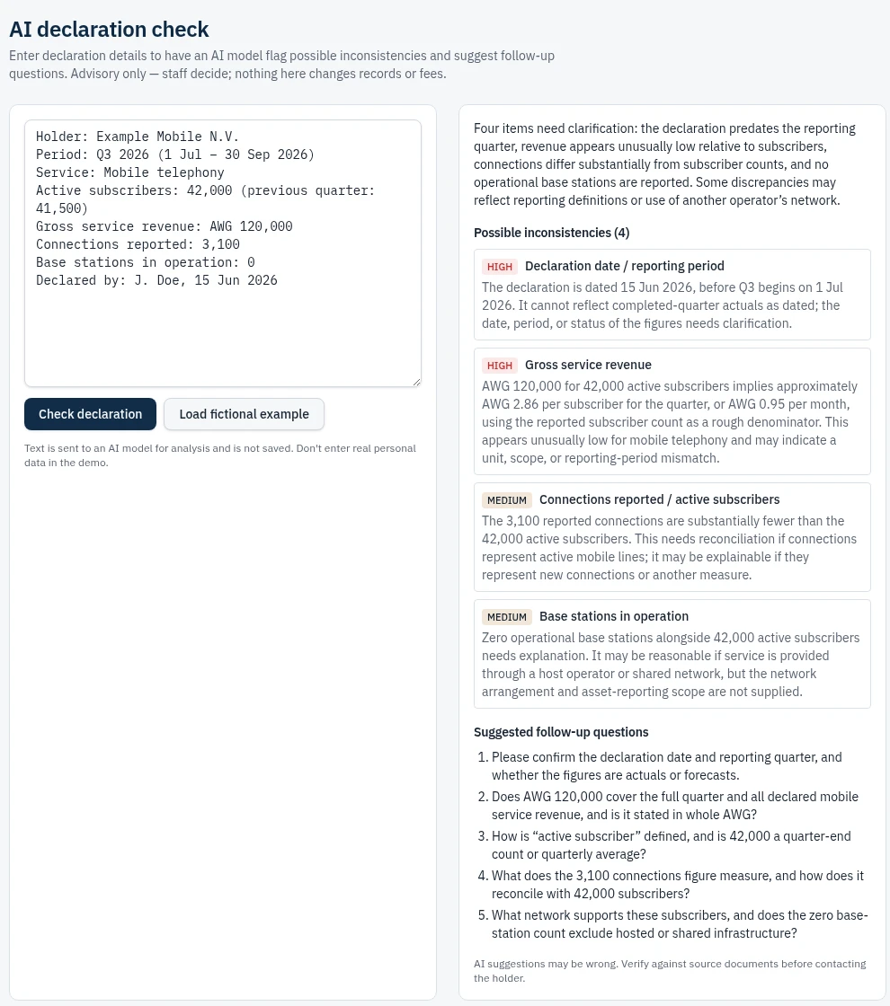 AI declaration check — actual Qpermits demo screen